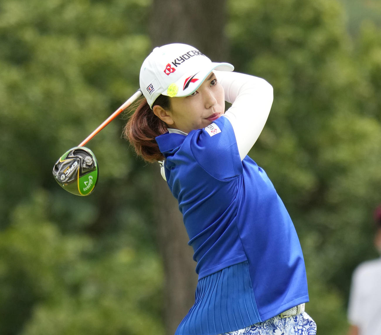 1番、ティーショットを放つ笠りつ子（撮影・清水貴仁）