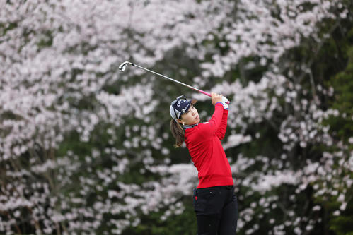11番、満開の桜を背にショットを放つ上田（撮影・足立雅史）