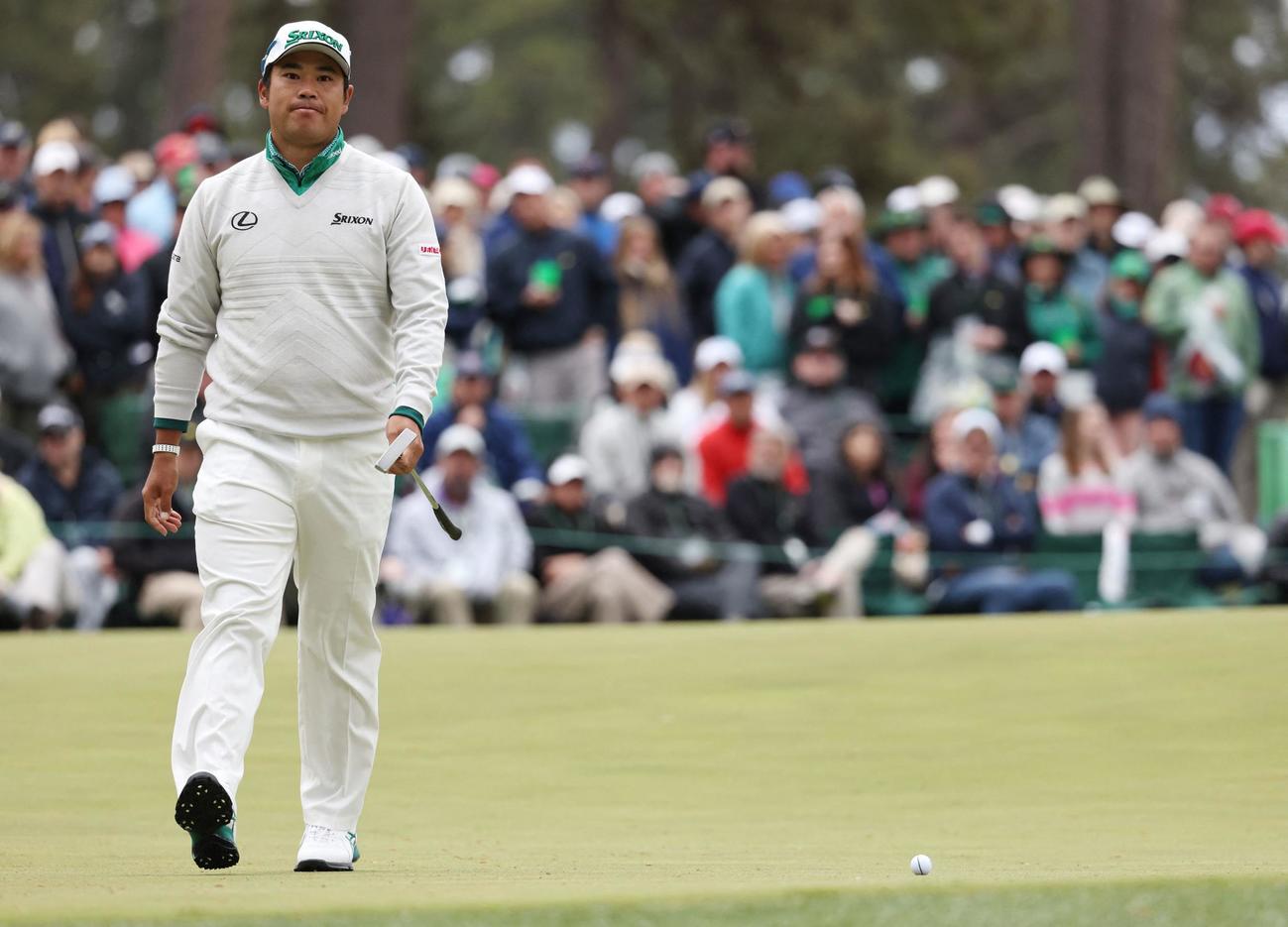 マスターズ第3日　6番、バーディーパットを外した松山英樹（ロイター）