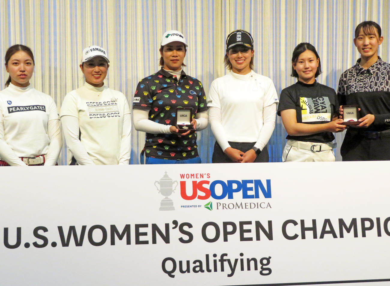 ゴルフの全米女子オープン地区予選で本大会出場権を獲得した6人。左から早川夏未、高木優奈、浜田茉優、識西論里、伊藤二花、馬場咲希（撮影・近藤由美子）