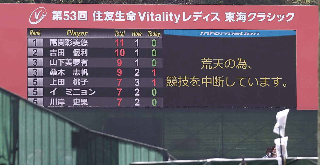 中断を知らせるスコアボード（撮影・上田博志）