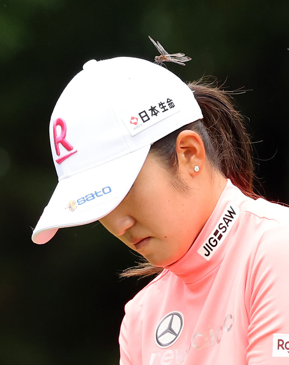 2番、ティーショット前、帽子にトンボが留まる稲見（撮影・鈴木正人）