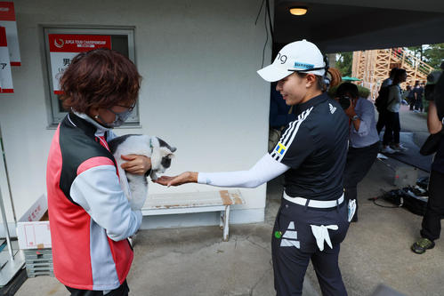 コースの飼い猫「グレ」にタッチして別れを告げる渋野日向子（撮影・加藤哉）