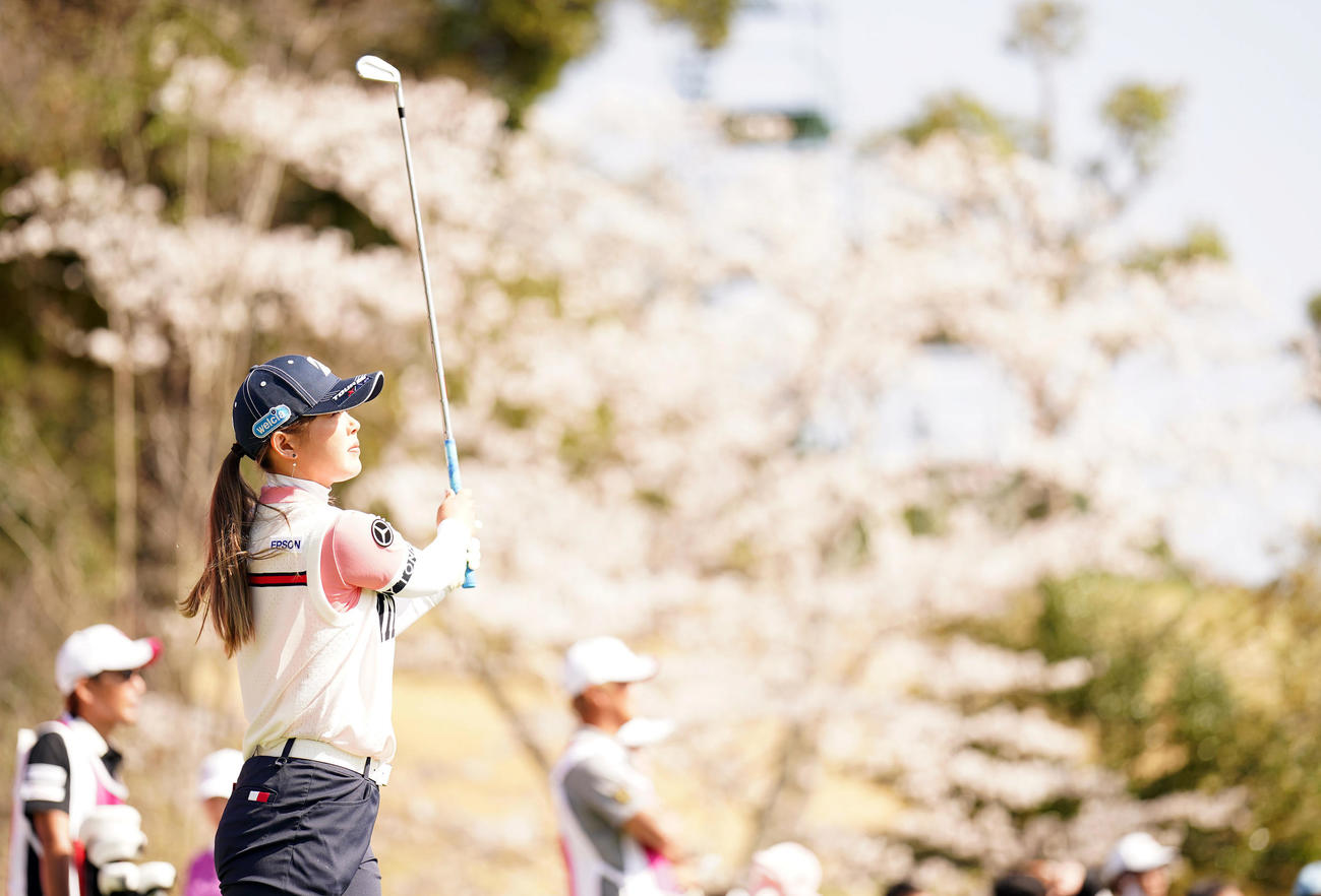 17番、桜をバックにティーショットを放つ吉田（撮影・狩俣裕三）