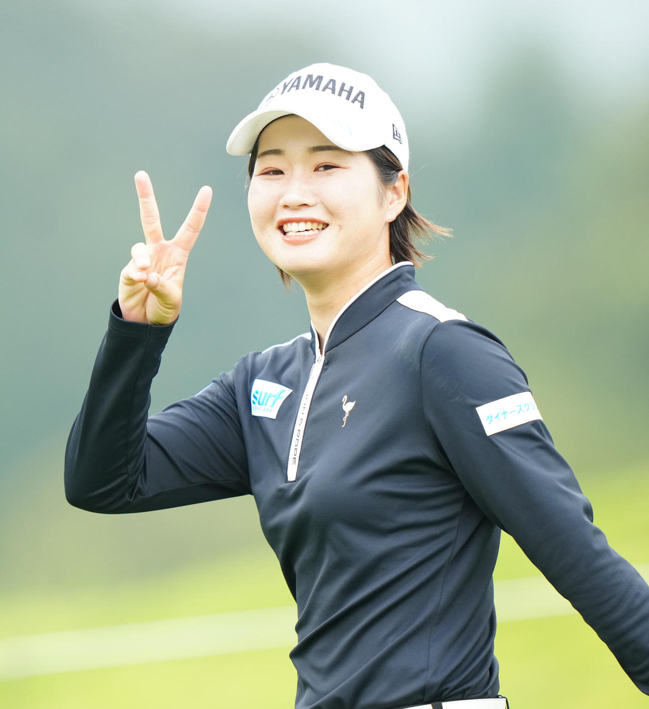 プロアマ戦でピースサインを見せる植竹希望（撮影・江口和貴）