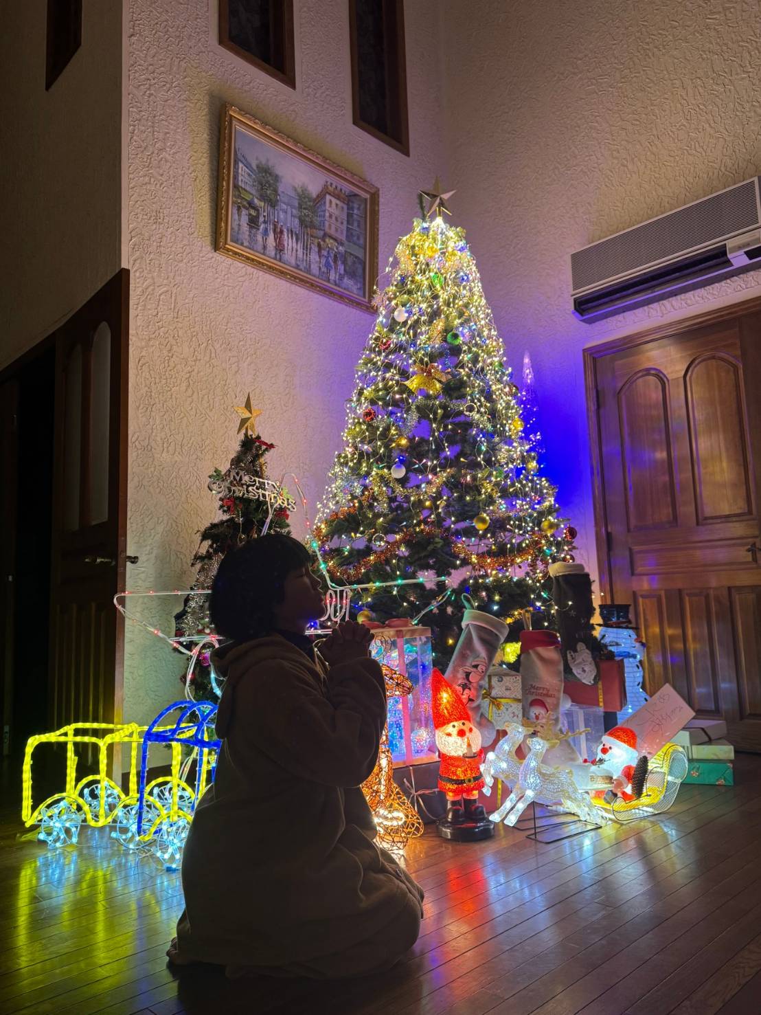 自宅に置かれた巨大クリスマスツリーの前で、母みゆきさんのがん治癒を願う須藤弥勒（父憲一さん提供）