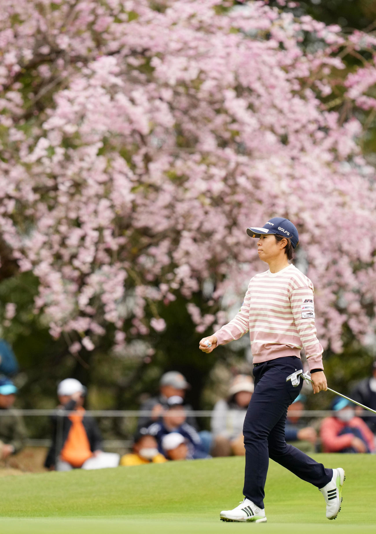 2番、桜を背に移動する穴井詩（撮影・横山健太）