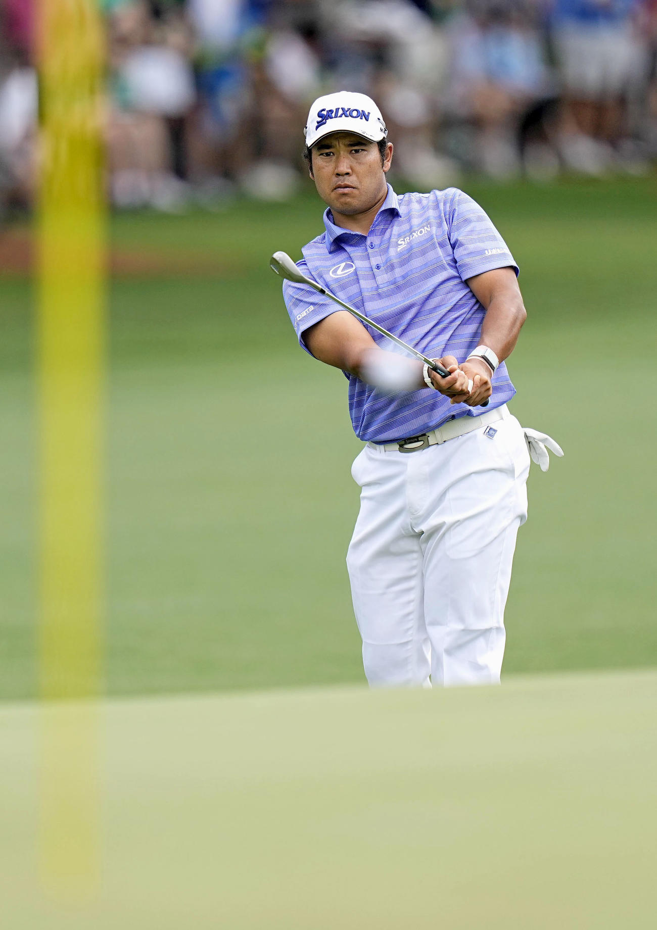 第1ラウンド、1番で3打目を放つ松山英樹。4オーバーで暫定75位＝オーガスタ・ナショナルGC（共同）