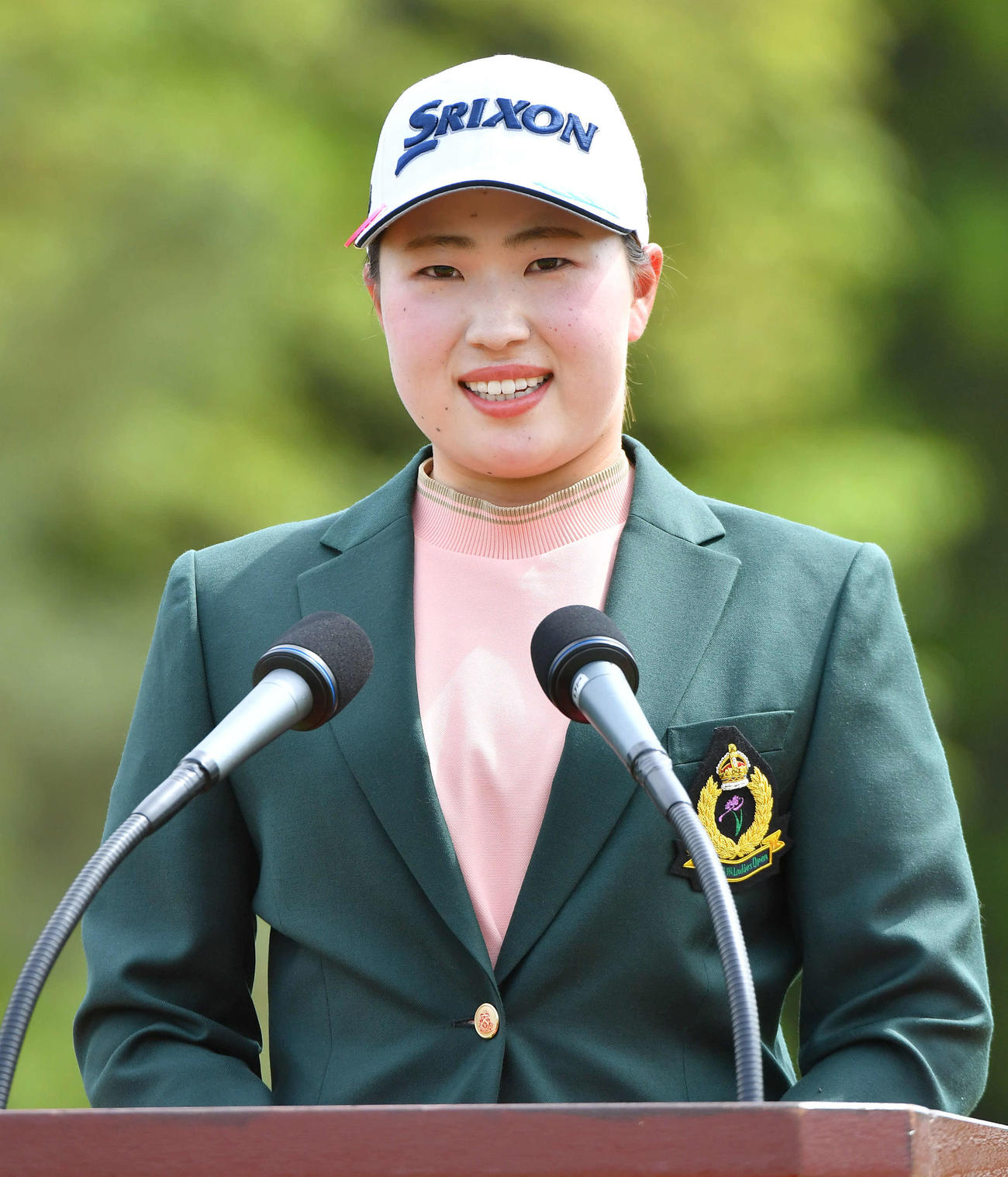 バンテリンレディス3日目　表彰式で優勝スピーチを行う竹田麗央（撮影・岩下翔太）