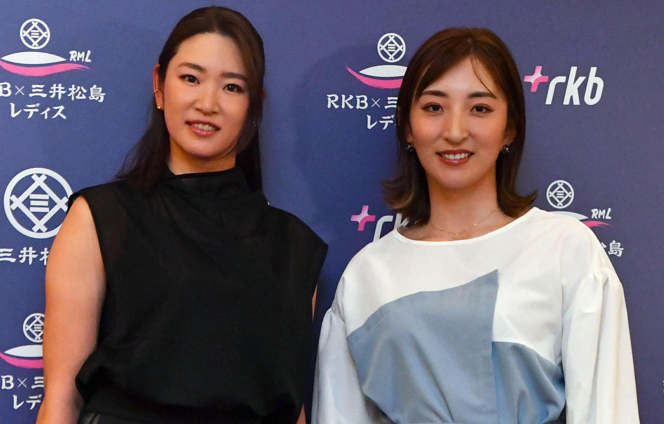 RKB×三井松島レディース　ドレスアップして前夜祭に出席する原英莉花（左）と脇元華（撮影・岩下翔太）
