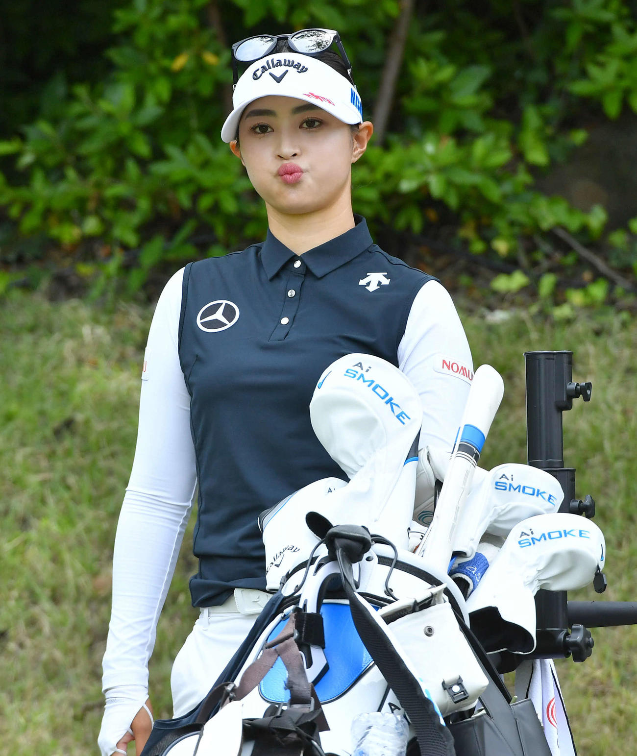 7番ティーグラウンドで口をとがらせる柏原明日架（撮影・岩下翔太）