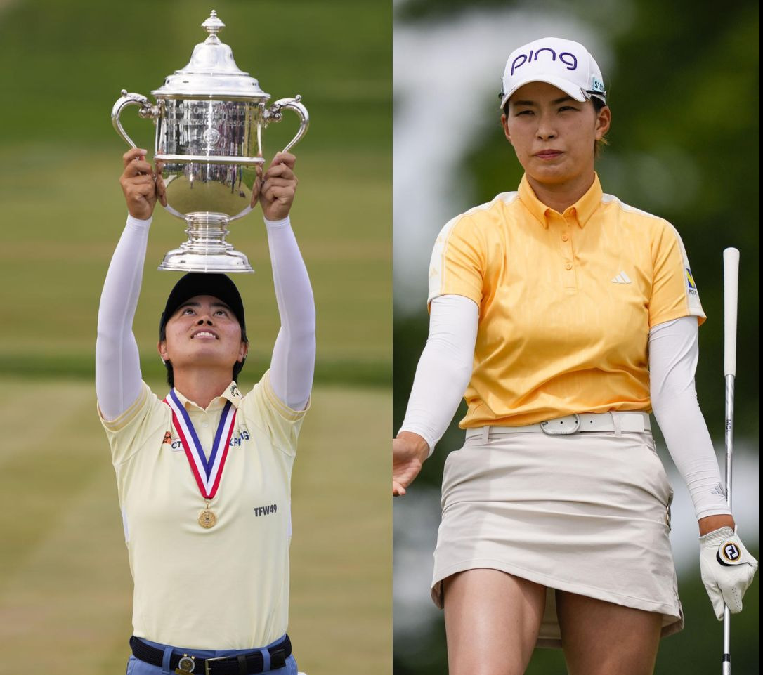 全米女子オープンで優勝した笹生優花（左）と２位に入った渋野日向子（AP）