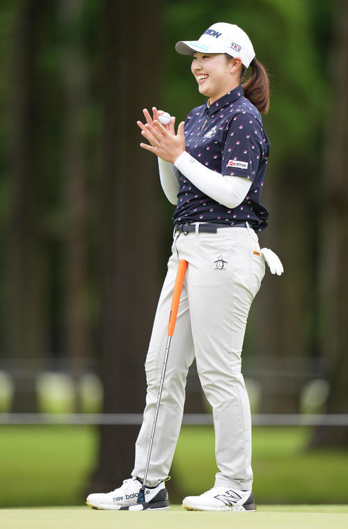 プロアマ戦で笑顔の竹田（撮影・鈴木みどり）