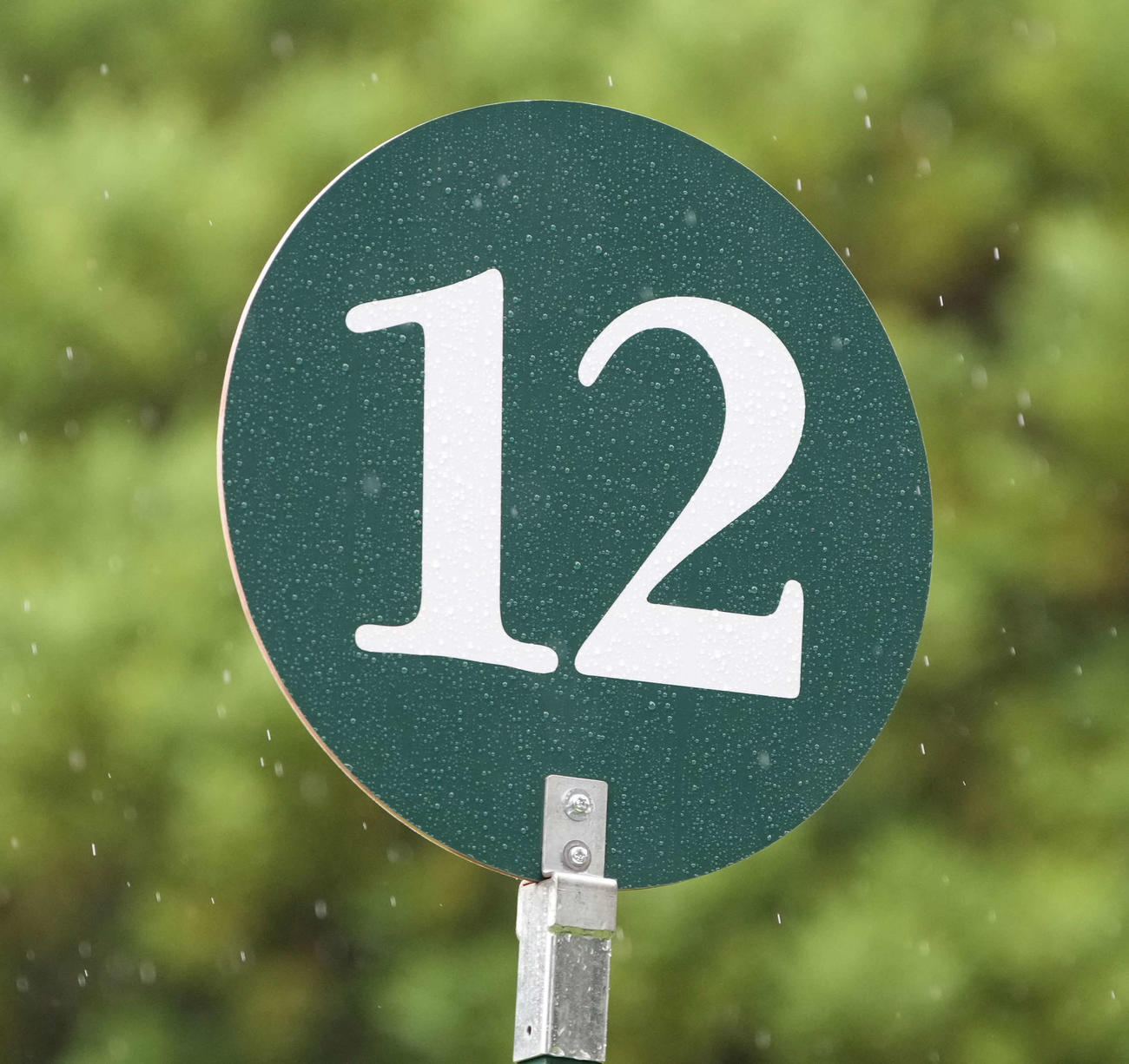 12番、雨の水滴が付着したティーグラウンドのボード（撮影・小沢裕）