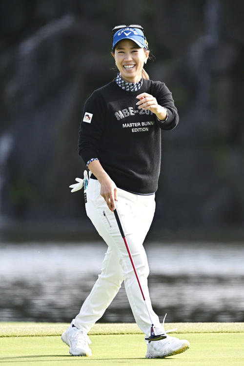 プロアマ戦で笑顔の上田（撮影・滝沢徹郎）