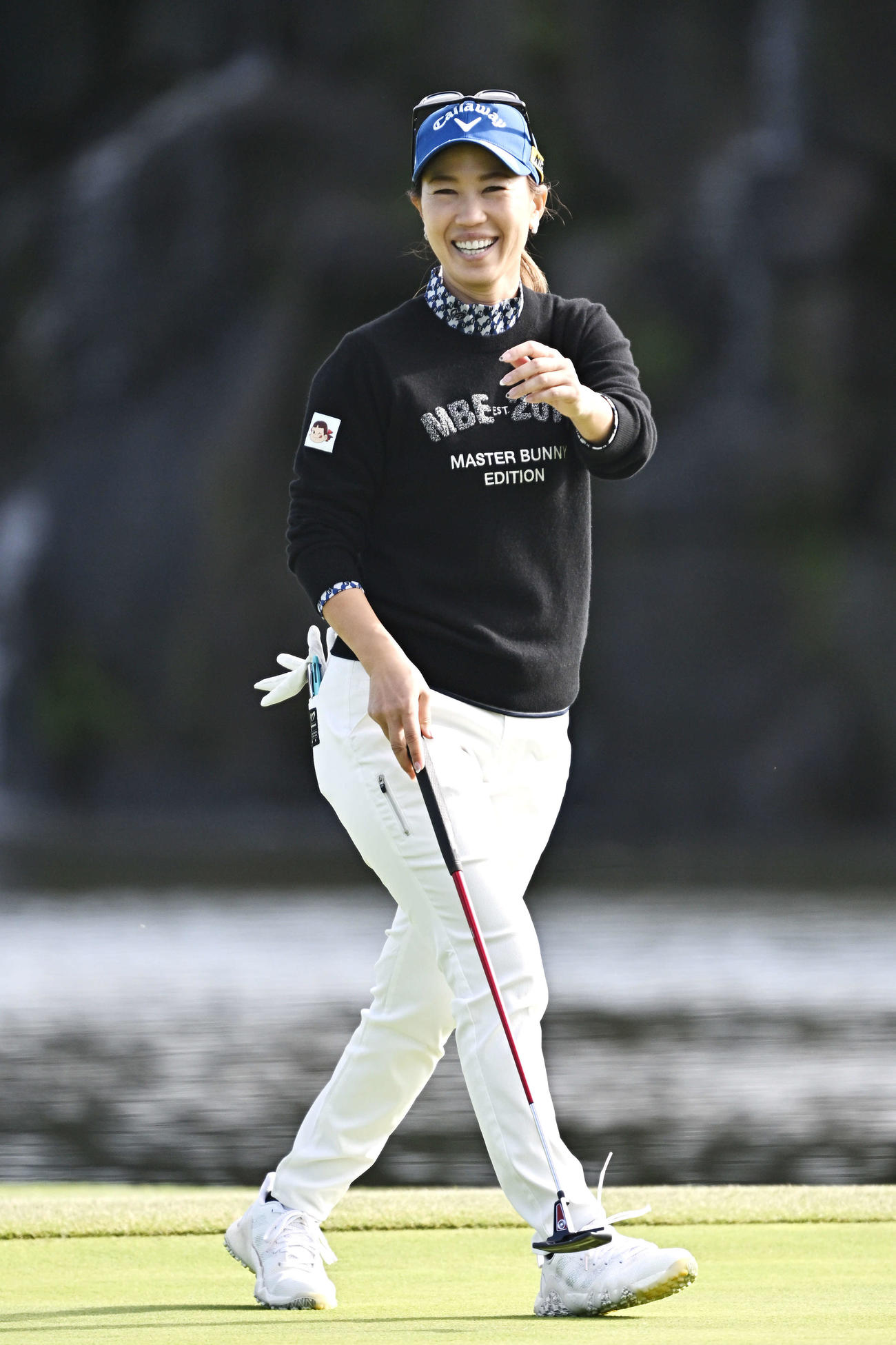 プロアマ戦で笑顔の上田（撮影・滝沢徹郎）