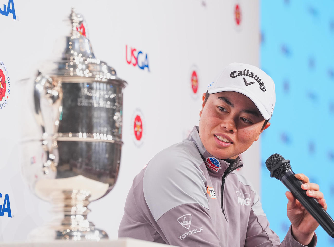 全米女子オープン優勝記念記者会見で質問に答える笹生（撮影・菅敏）