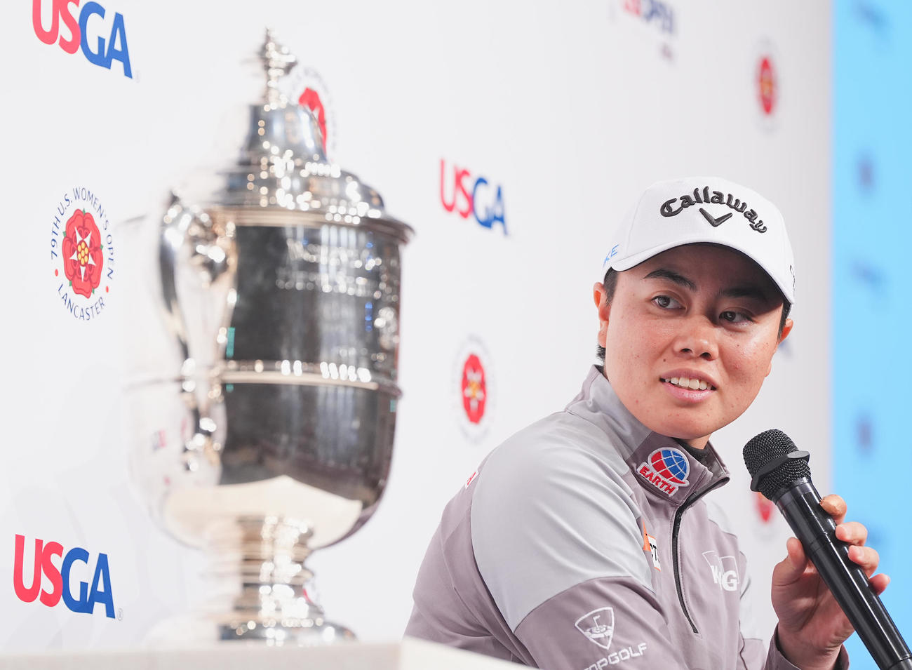 全米女子オープン優勝記念記者会見で質問に答える笹生（撮影・菅敏）