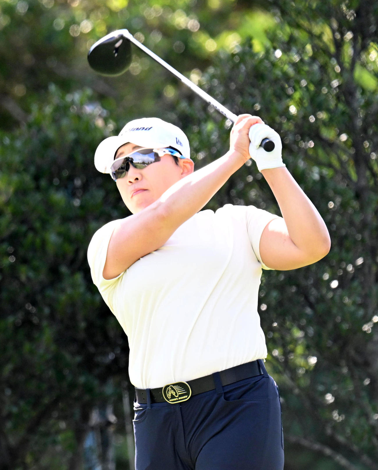 4番、ティーショットを放つ申ジエ（撮影・前岡正明）