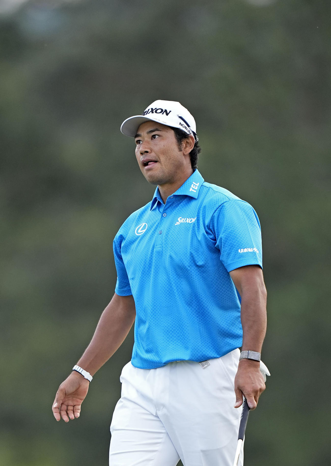 第1ラウンド、18番でバーディーパットを外し、悔しそうな松山英樹。1オーバーで38位＝オーガスタ・ナショナルGC（共同）