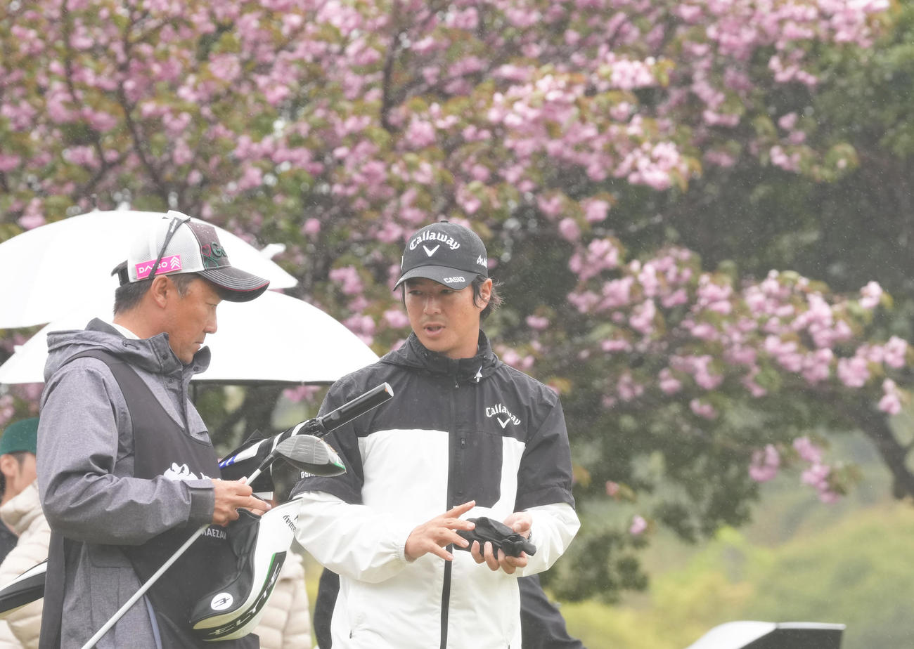 プロアマ戦で桜を背に移動する石川（右）（撮影・足立雅史）