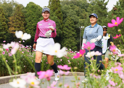 16番、コスモスが咲く橋を渡りセカンドに向かう菅（左）と阿部（撮影・上山淳一）