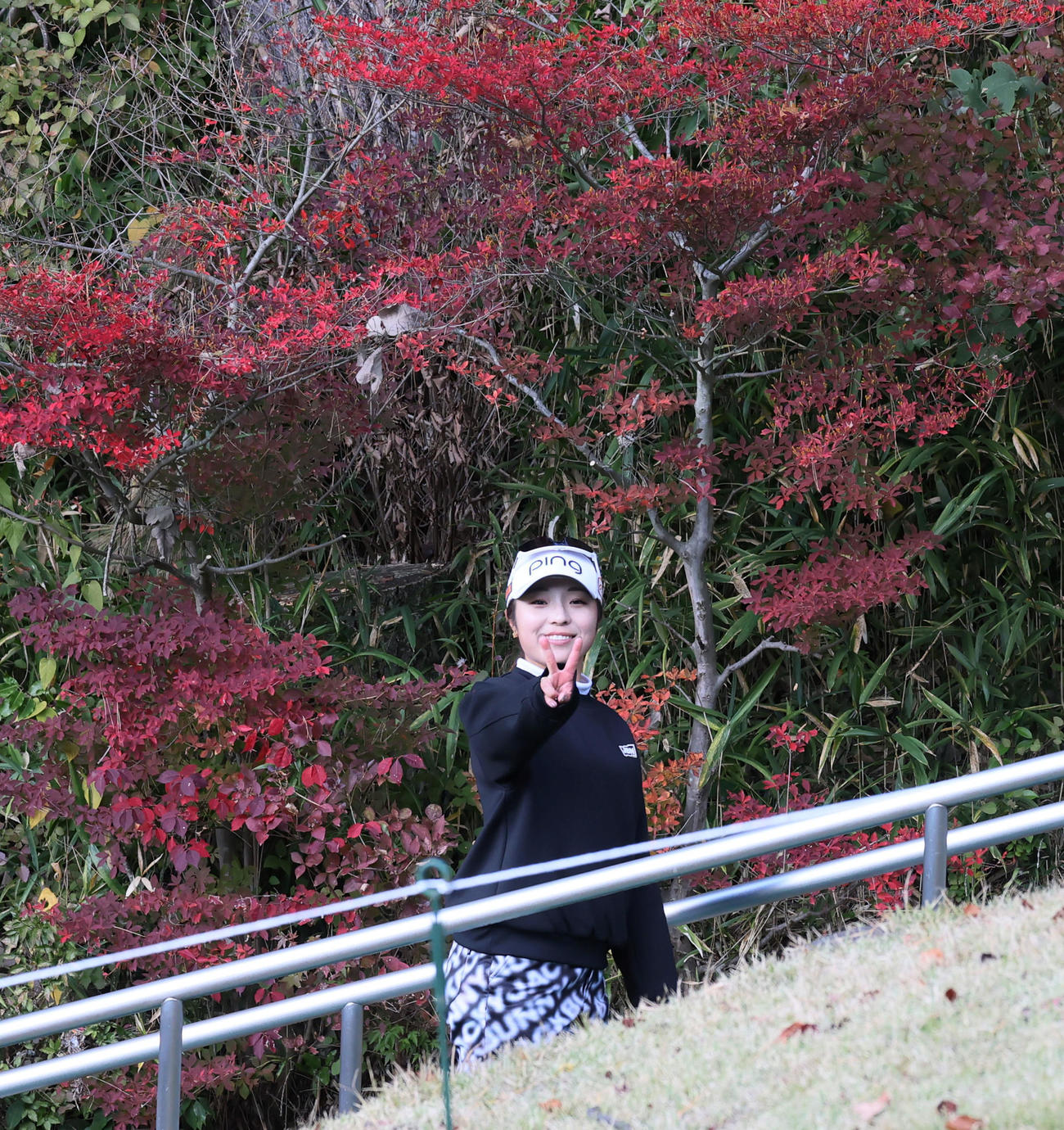 9番、グリーンを終えVサインで紅葉した木の前を通過する佐久間（撮影・加藤哉）