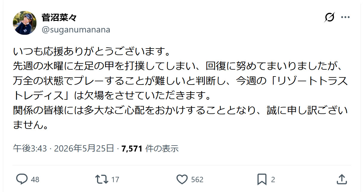 菅沼菜々のXから