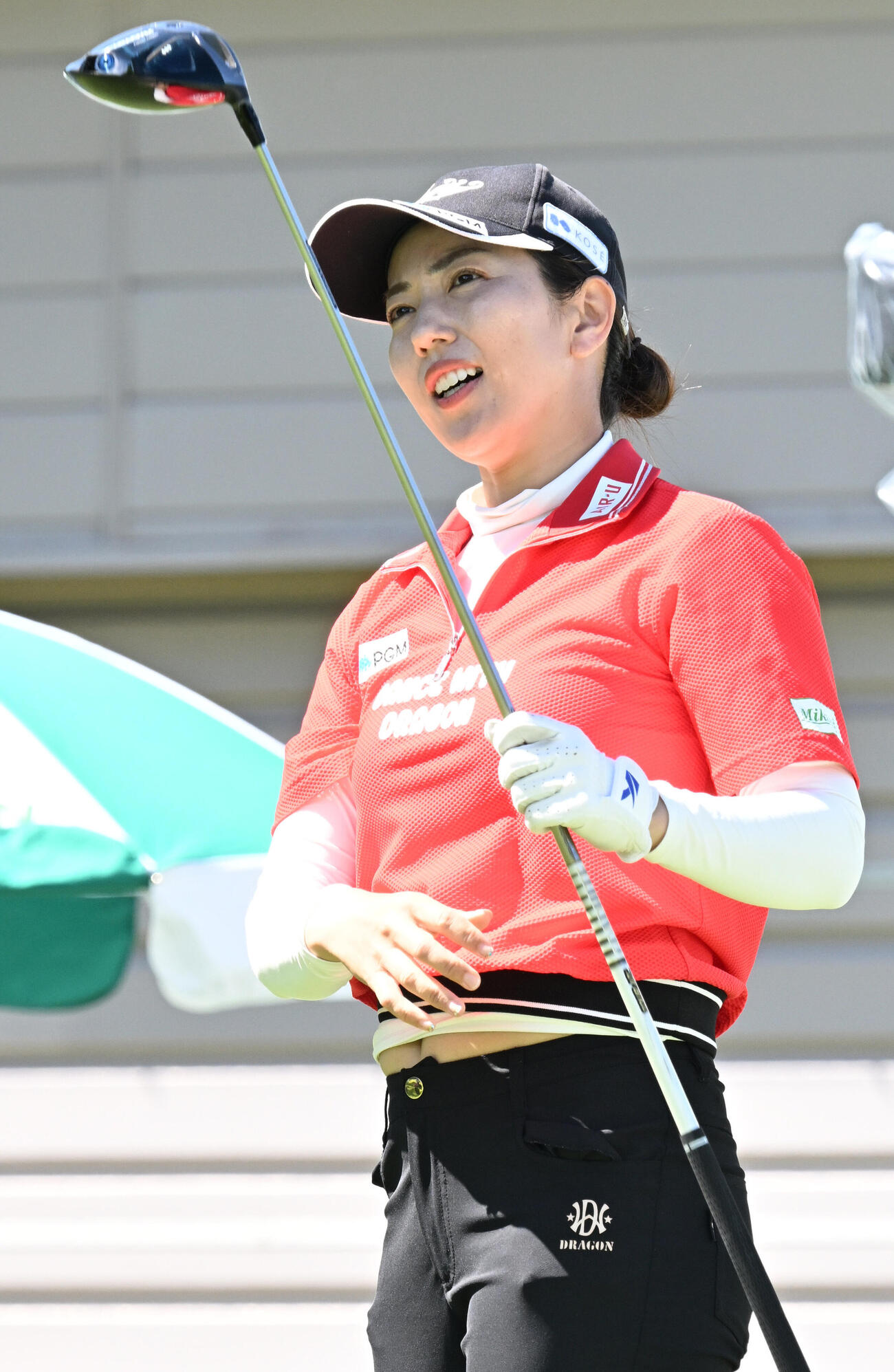 プロアマ戦で調整する笠りつ子（撮影・千葉一成）