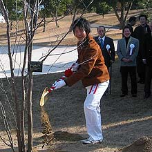 １７番グリーンの奥に記念植樹する石川遼（撮影・木村有三）