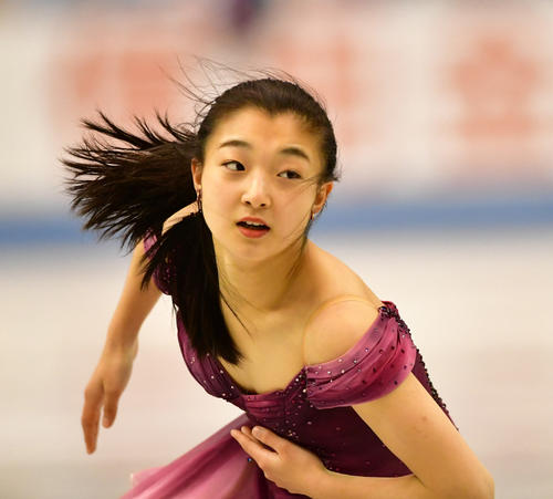 世界フィギュアスケート国別対抗戦2019 前日練習を行う坂本花織(撮影・清水貴仁)
