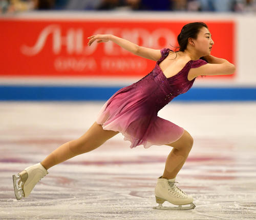 世界フィギュアスケート国別対抗戦2019 前日練習を行う坂本花織(撮影・清水貴仁)
