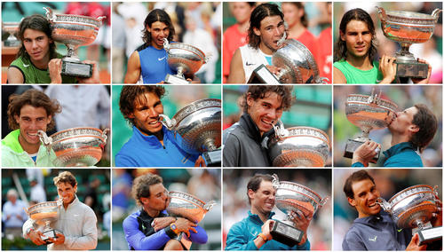 12度目の全仏優勝を飾ったナダル。左上から05年、06年、07年、08年、中段左から10年、11年、12年、13年、左下から14年、17年、18年、19年（ロイター）