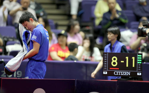 敗戦し汗を拭う張本（撮影・佐藤翔太）