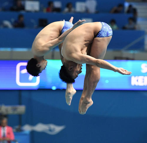 男子シンクロ板飛び込み決勝　1本目の演技を行う寺内（手前）、坂井組（撮影・鈴木みどり）