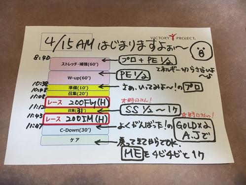 17年4月15日のスケジュール。大会期間中の瀬戸の行動は綿密に計画されている（味の素提供）