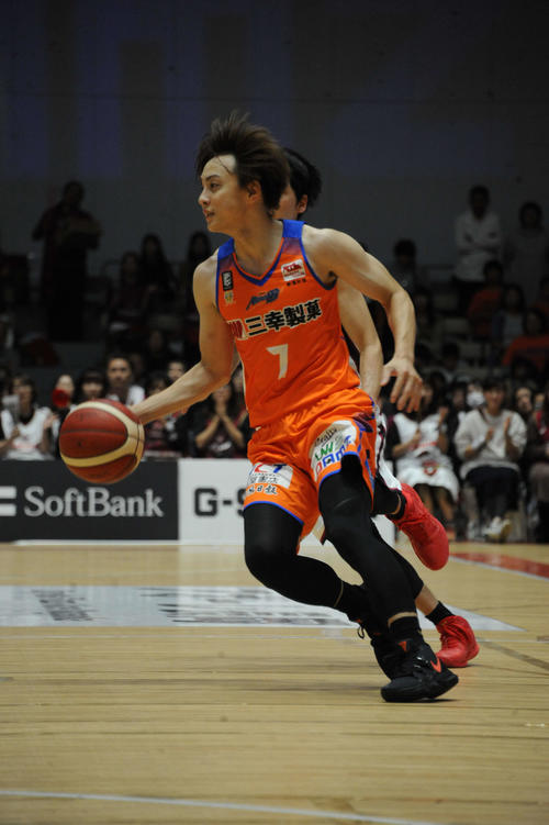 新潟対川崎　ドリブルを仕掛ける新潟のPG五十嵐