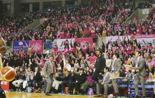 秋田対A東京　得点に盛り上がる秋田ブースター。手前左は前田監督（撮影・野上伸悟）