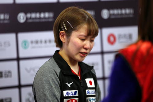 東京五輪シングルス代表を逃し涙を見せる平野美宇（撮影・三須一紀）
