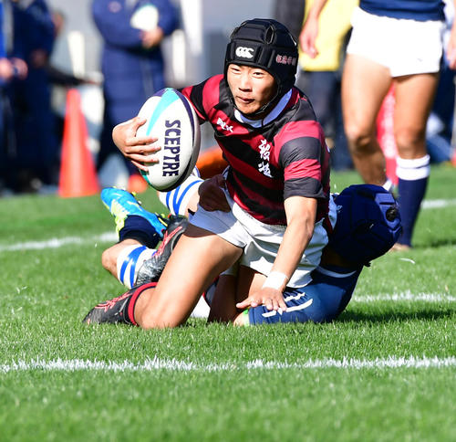 全国高校ラグビー1回戦　報徳学園対山形中央　前半、トライを決める報徳学園WTB桃田涼平（撮影・清水貴仁）