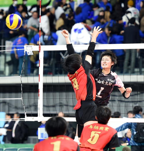 郡山女大付対鳥栖商　スパイクを打つ郡山女大付・朝倉主将（右奥）（撮影・山田愛斗）