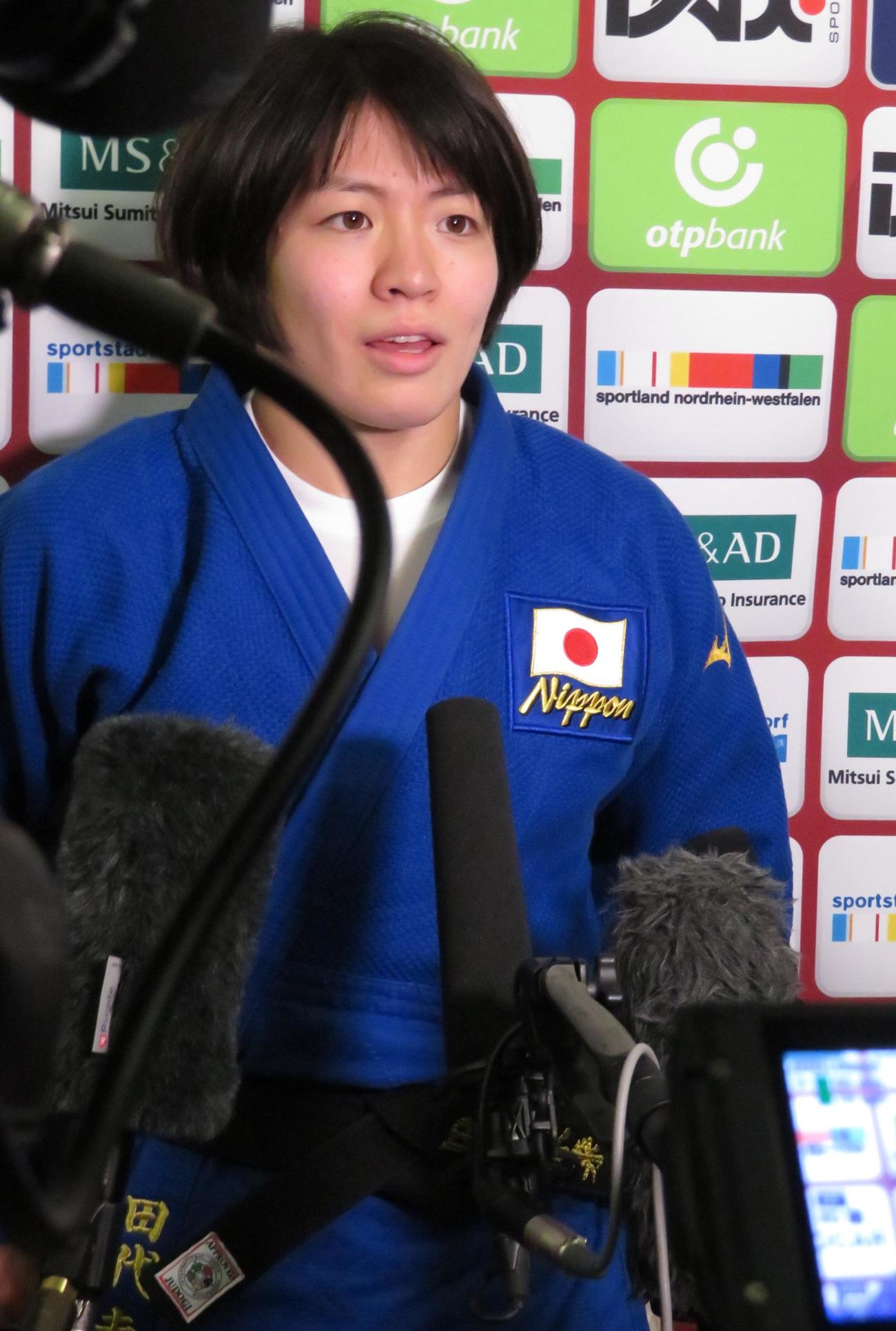 優勝したGSデュッセルドルフ大会を振り返る田代未来（撮影・峯岸佑樹）