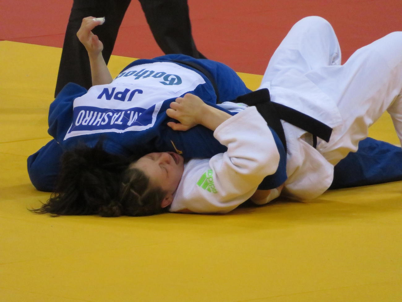 決勝でトルステニャクに寝技を仕掛ける田代未来（撮影・峯岸佑樹）