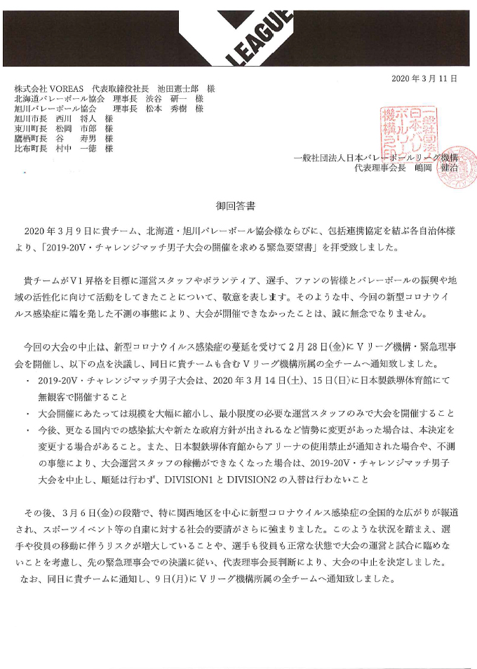 ヴォレアス北海道が提出した緊急要望書へのVリーグ機構の回答