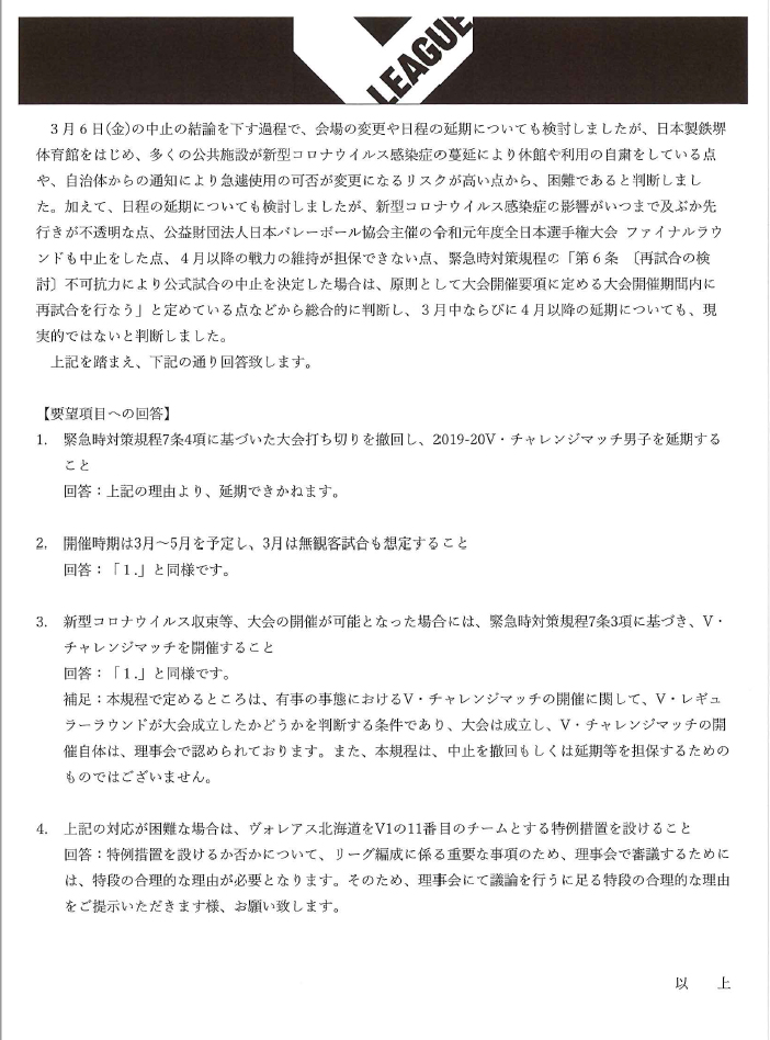 ヴォレアス北海道が提出した緊急要望書へのVリーグ機構の回答