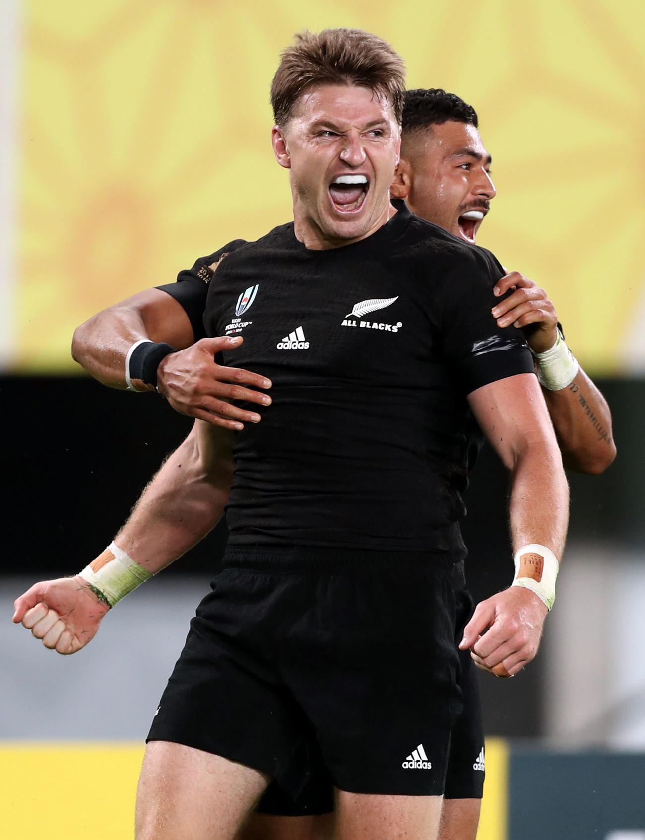 ニュージーランド対アイルランド　トライを決め、雄たけびを上げるニュージーランドFBボーデン・バレット（2019年10月19日撮影）