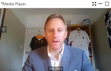 オンラインで取材に応じるW杯統括責任者のアラン・ギルピン氏