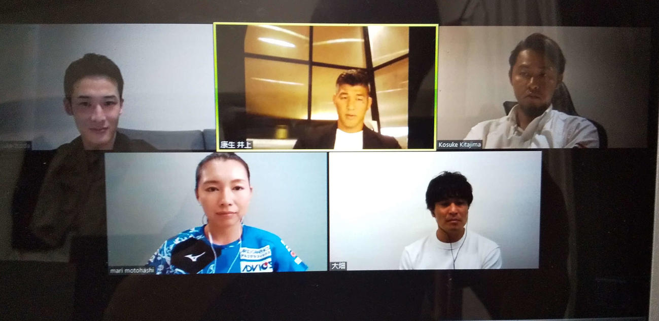 「HALF　TIME　カンファレンス」で北島康介氏（右上）井上康生監督（上端中）大畑大介氏（右下）本橋麻里（左下）が語り合った。左上は主催者の磯田裕介氏