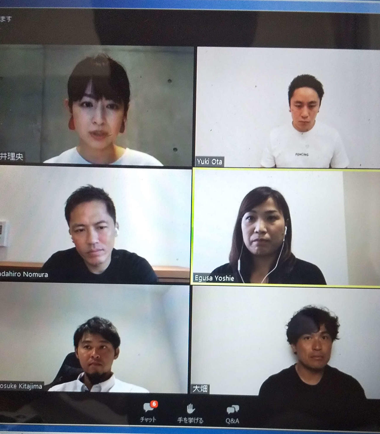 オンラインイベントでレジェントたちが語り合った。左下は北島康介氏、左中は野村忠宏氏、左上は平井理央アナウンサー、右上は太田雄貴氏、右中は竹下佳江氏、右下は大畑大介氏