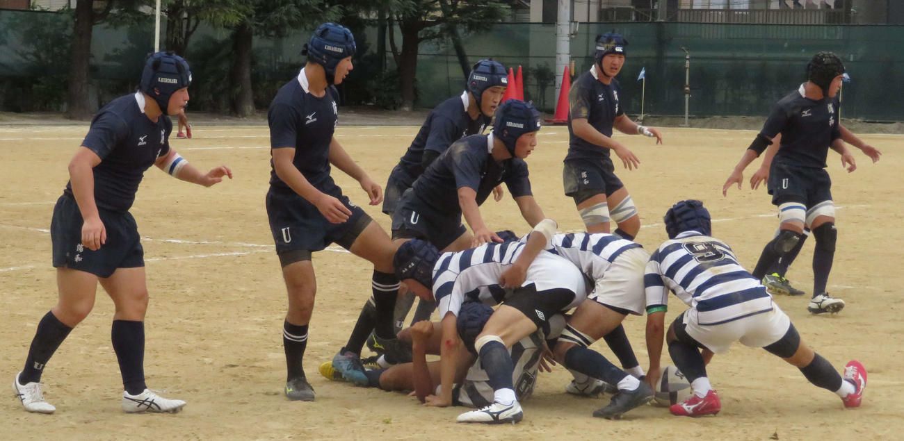 19日、ともに進学校である神奈川の湘南と練習試合を行った県浦和ラグビー部（守備側）（撮影・松熊洋介）